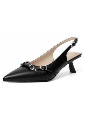 Womens Formal Black Slingback Pointed Toe Kitten Heels Buckle Detail Size 7.5"